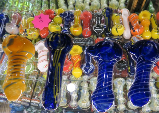 A variety of pipes for smoking marijuana at the Cannabis Fair in Jackson County, Oregon.