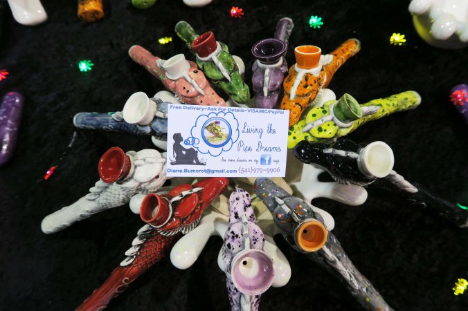 "Living the Pipe Dreams" cannabis pipes on display at the Cannabis Fair in Jackson County, Oregon.