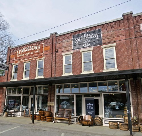 A view of the "Company Store" in Lynchburg, Tennessee where you can even pick up used whisky barrels for planters.