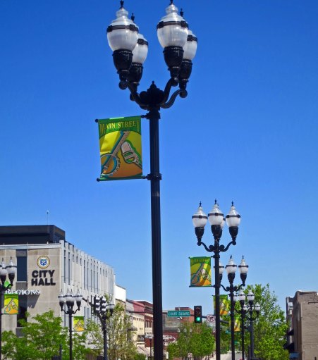 Street lamps decorate the main street of McMinnville, Tennessee.