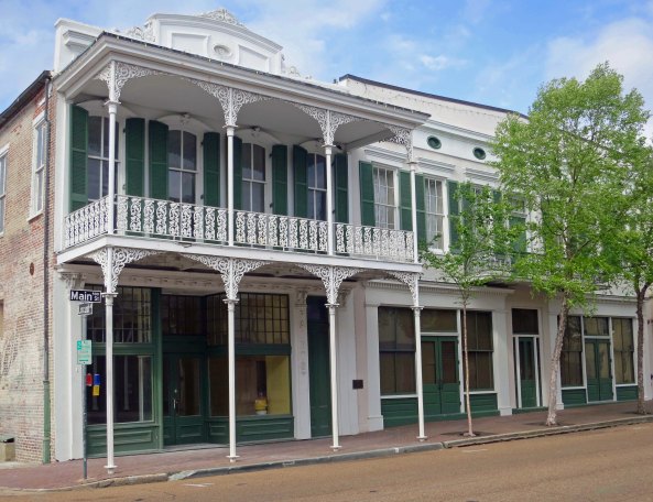 Historic building with balcony in Natchez, Mississippi.