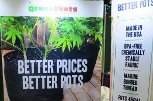 Pots for growing marijuana on display at the Cannabis Fair in Jackson County, Oregon.