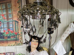 Old beauty parlor hair curlers on display at Culbertson, Montana, Museum.
