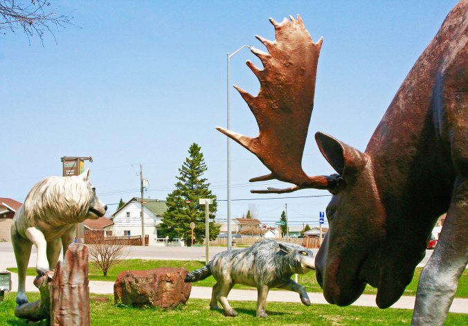 Giant moose and wolf sculptures in Hearst, Ontario Canada.