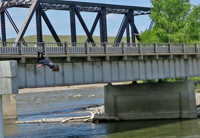 Did this guy just hear the election results? (Kidding) We watched this guy and another jump into the Yellowstone River— and come out alive. They had carefully waited for a policeman to pass.