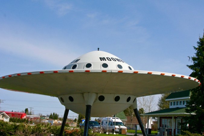 Flying saucer sculpture in Moonbeam, Ontario Canada.