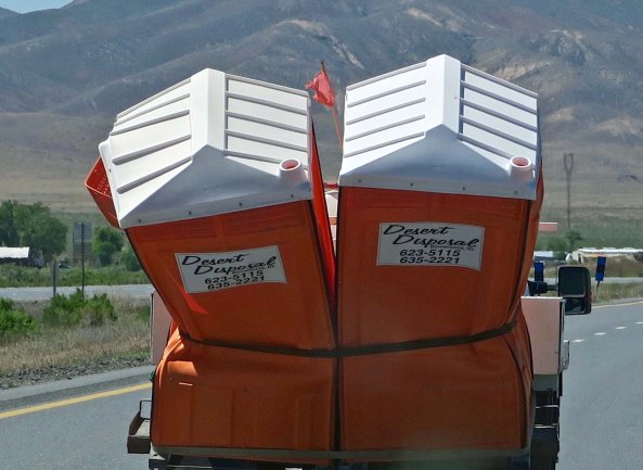You can see almost anything traveling along I-80. Peggy and I were amused with this pick up load of squished porta-potties. I had my doubts about how they were fastened down.