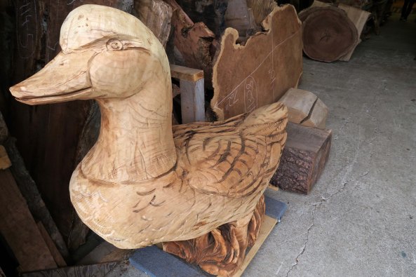 A large, carved wooden duck that Peggy and I found gracing a wood-working shop on one of Mendocino's colorful streets.