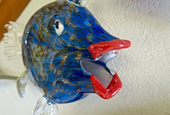 Red lipped blue fish produced at the Glass Forge in Grants Pass, Oregon.