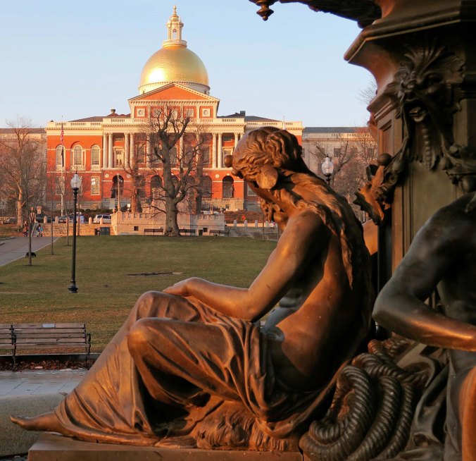 When Peggy and I walked across the Boston Commons three weeks ago, it was a quiet day except for fat squirrels wanting to become fatter. Back in 1775 when Paul Revere made his mad dash, British troops were camped out here. On Saturday, an estimated 150,000 gathered between here and the Massachusetts Statehouse for the Women's March. I thought the woman's statue was appropriate for this photo.