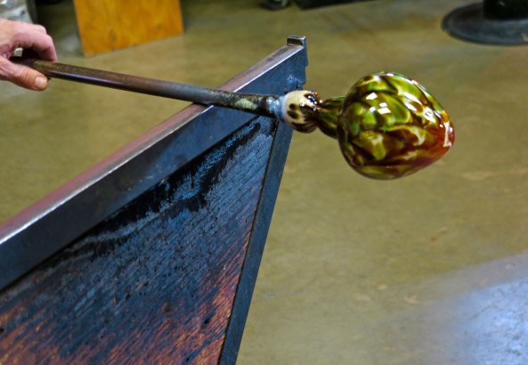 Color has been added to a vase at the Glass Forge in Grants Pass, Oregon.