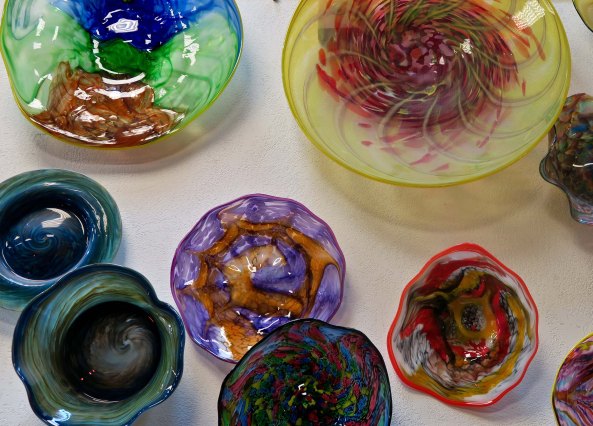 Variety of bowls displayed at the Glass Forge in Grant's Pass, Oregon.