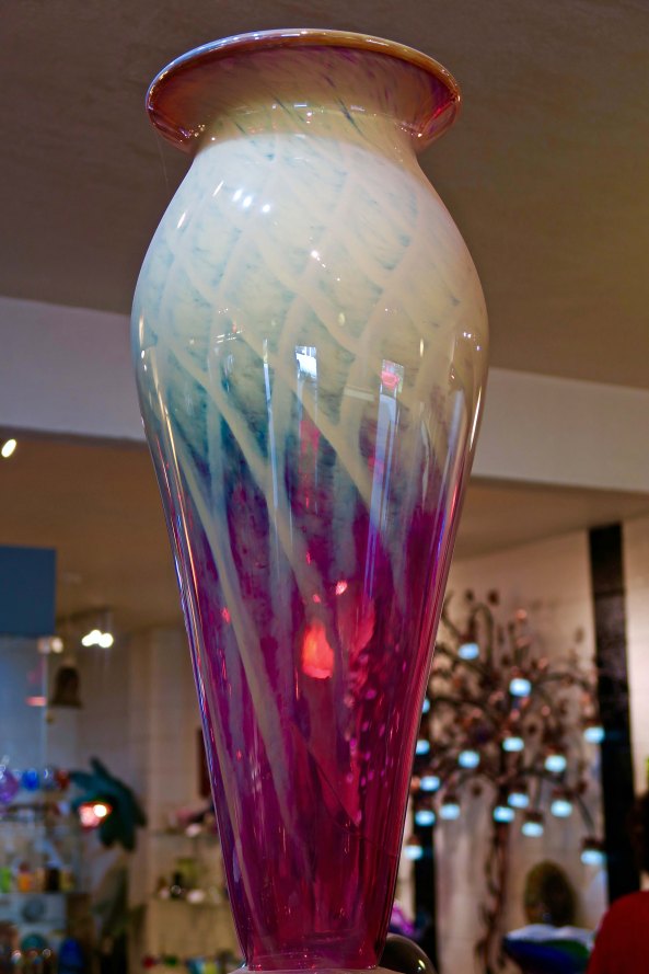 A tall, graceful vase at the Glass Forge in Grants Pass, Oregon.