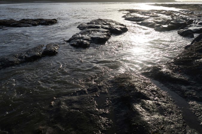Tide pools at Sunset Bay in Oregon near Coos bay lit up by the sun at sunset.