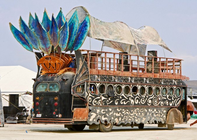 Tail feathers on a mutant vehicle at Burning Man.