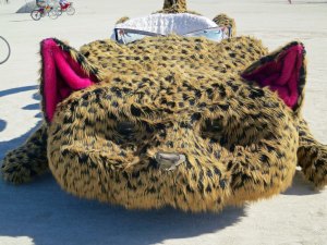 Close up of head of cat car mutant vehicle at Burning Man.
