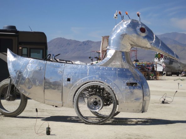 The flaming duck during the day at Burning Man.