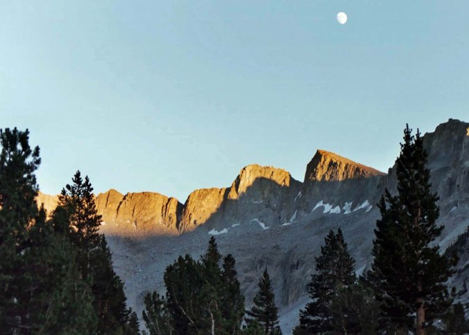 "Another glorious day, the air as delicious to the lungs as nectar to the tongue." –John Muir (The same photo as above a couple of hours later as alpen glow colors the ridge. This is in the Dusy Basin near Bishop.) 