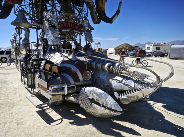 Heres a shot of his crawdad front during the day. This creature was once part of a kinetic sculpture that participated in the Kinetic Sculpture Race in Eureka. 