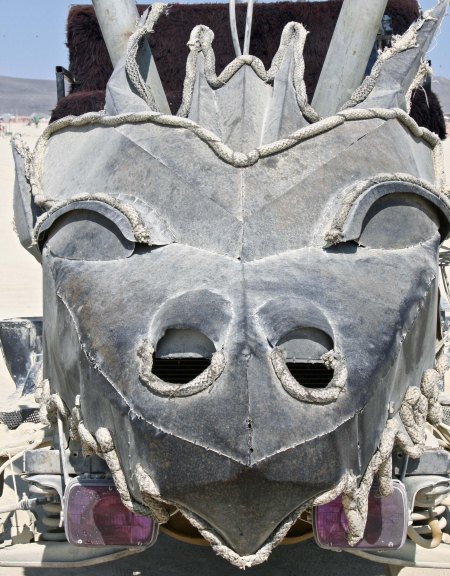 Close up of dragon headed mutant vehicle at Burning Man.