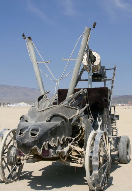 Dragon head on mutant vehicle at Burning Man.
