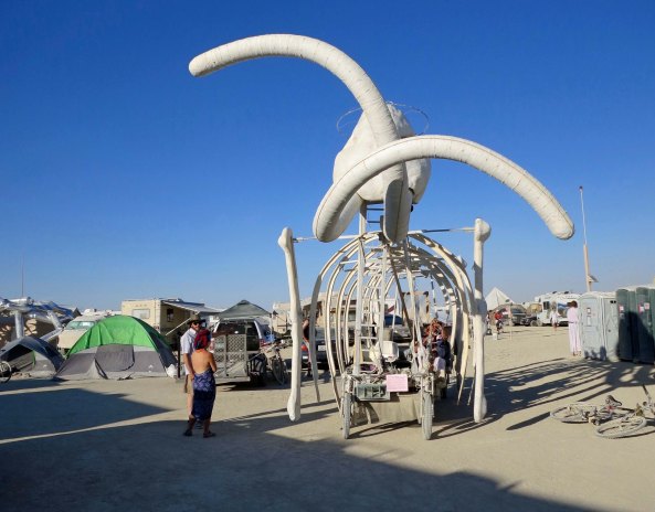 Head on view of mammoth art car at Burning Man.