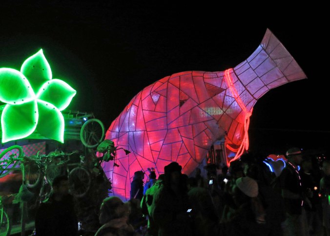 The mutant vehicle vase at night. This was on the night when the Man is burned and vehicles form a large circle around the Man.