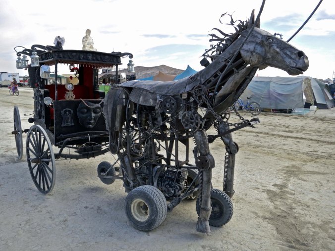 Steampunk mechanical horse mutant vehicle at Burning Man.