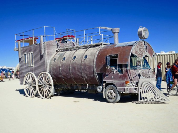 Steam engine Mutant Vehicle at Burning Man.
