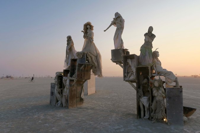 Front view of the Bridge and the Cage sculpture at Burning Man 2017