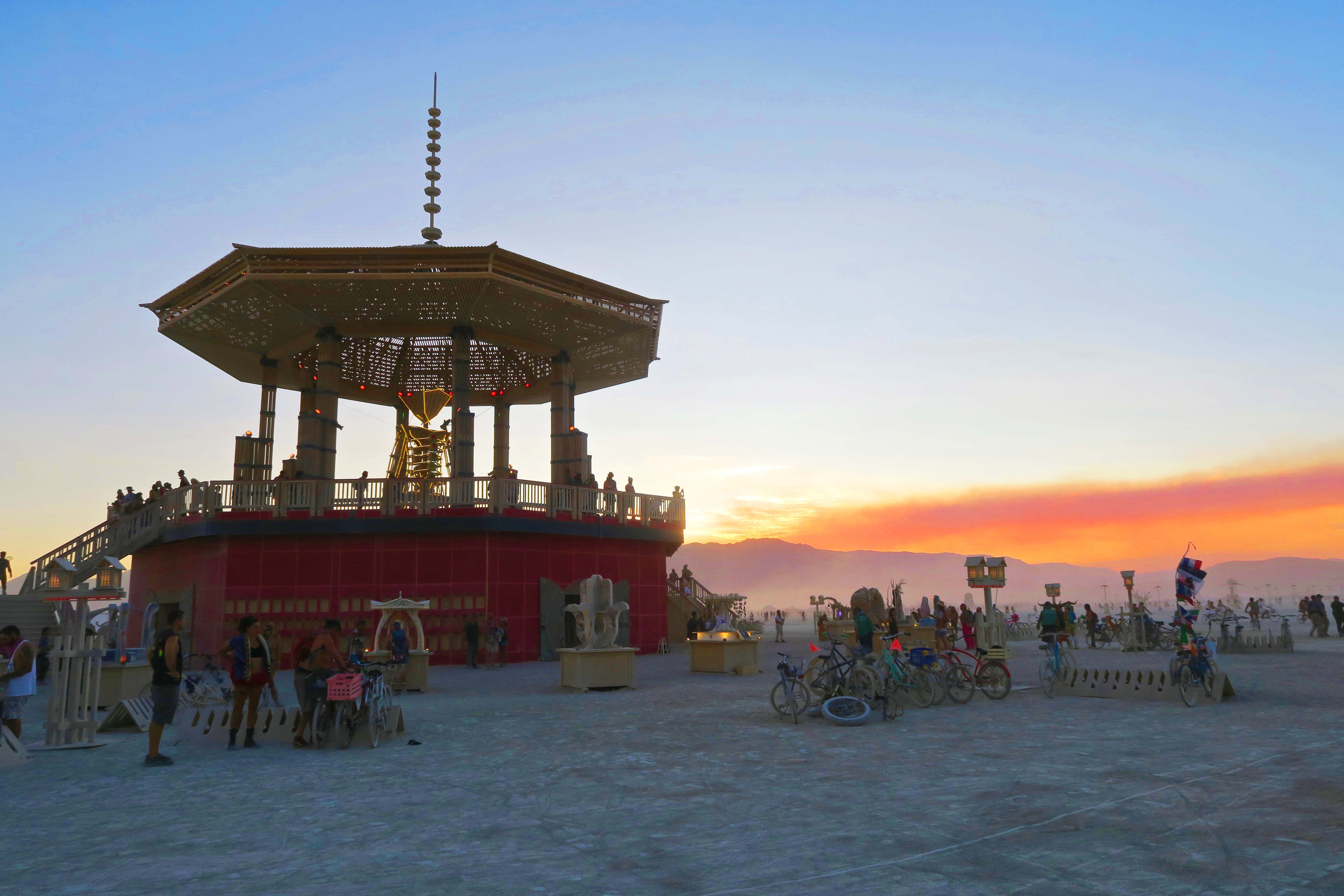 Evening view of Temple of Golden Spike, Burning Man 2017