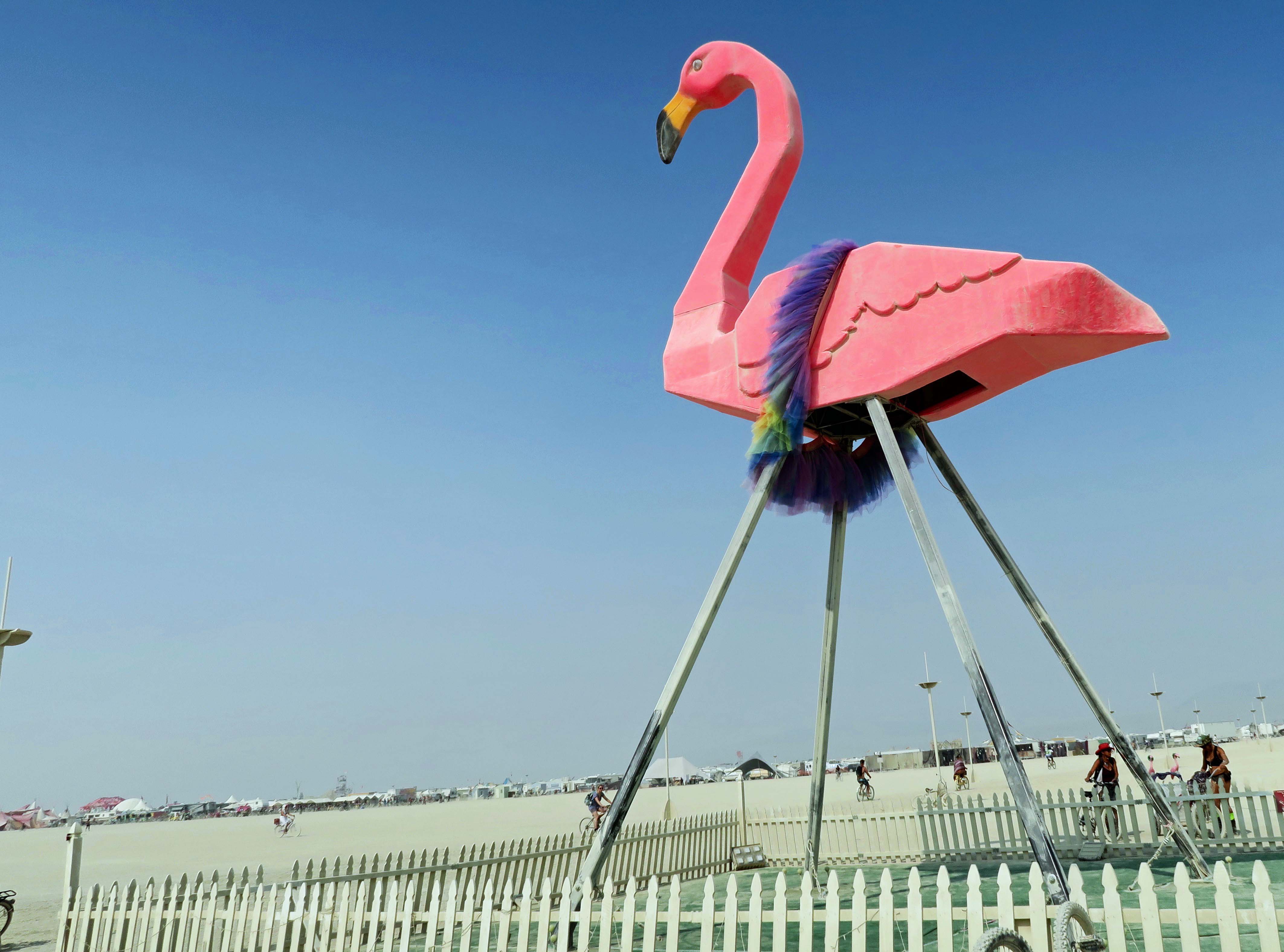 Giant Flamingo wearing boa at Burning Man 2017