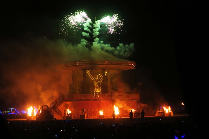 Golden Spike shoots out fireworks, Burning Man 2017