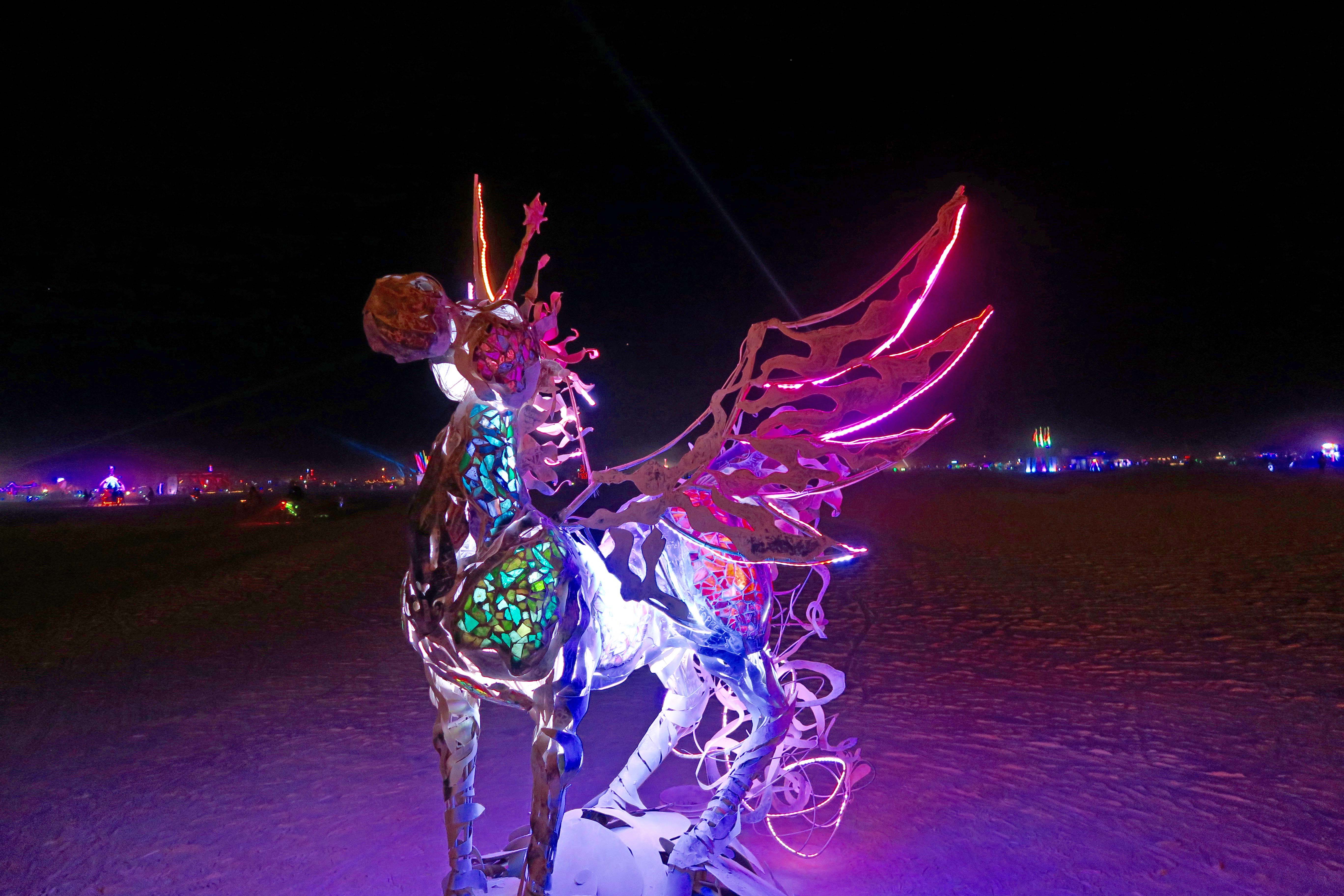Nighttime flying horse at Burning Man 2017