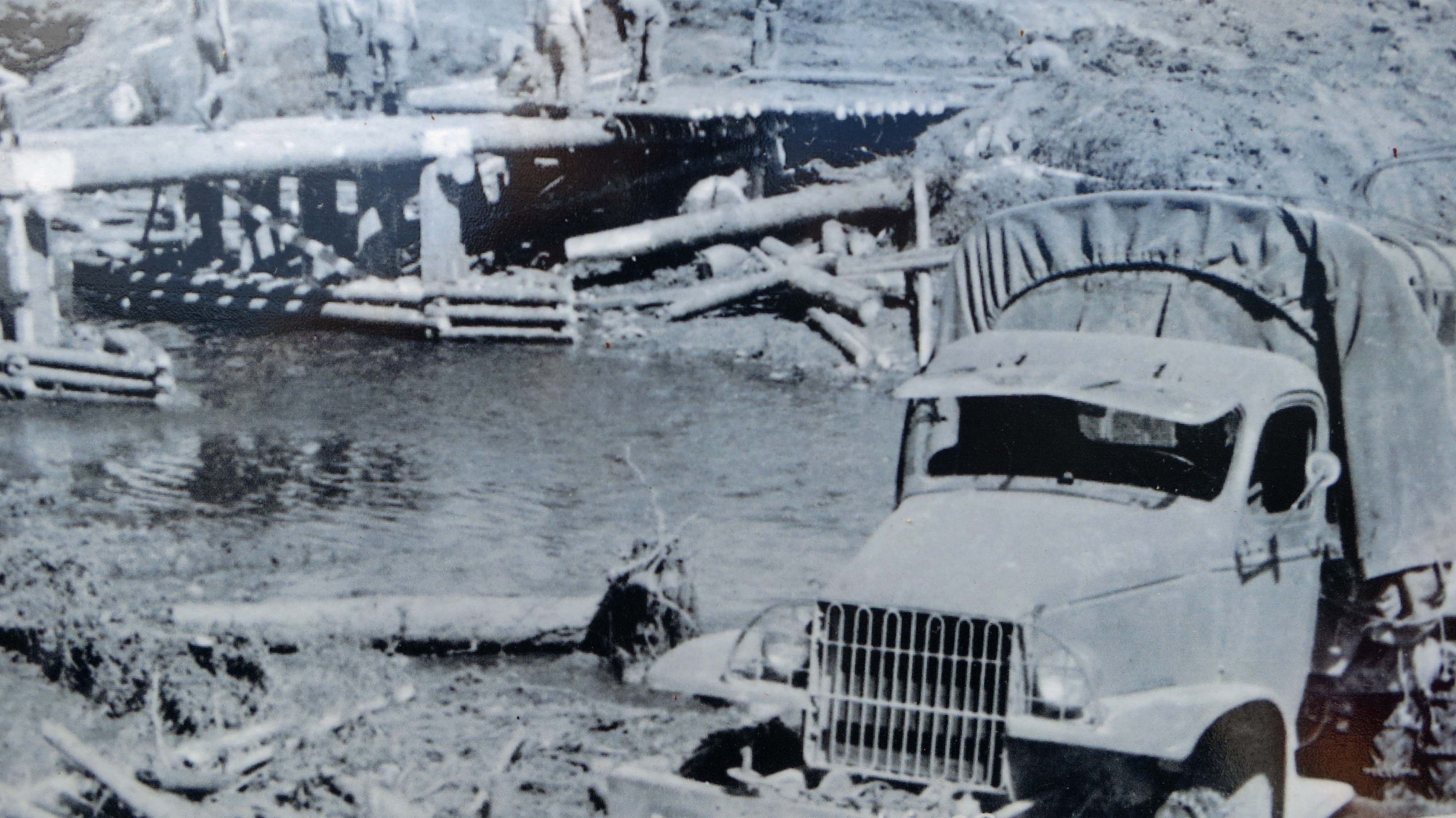 Building log bridge on the Alaska Highway