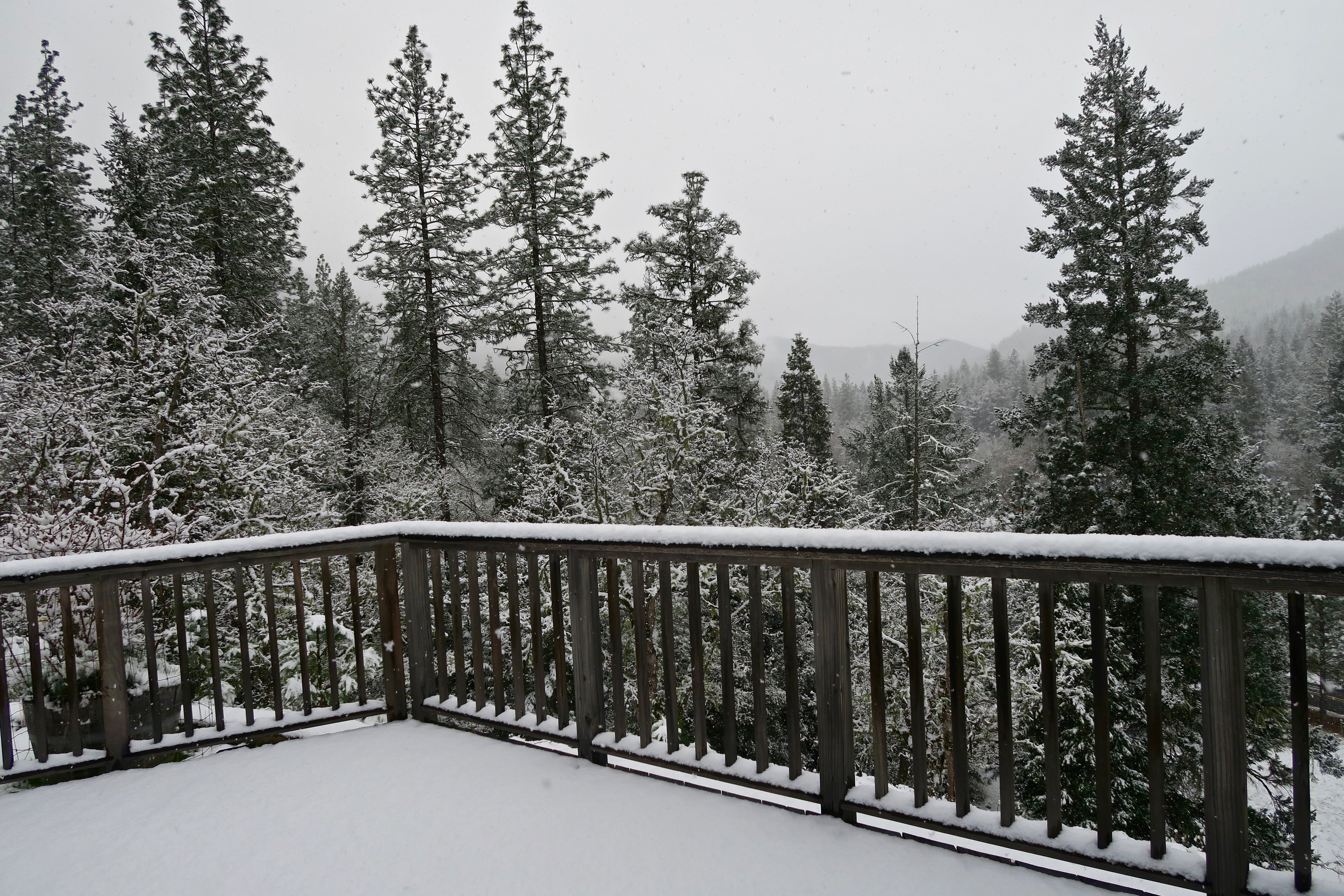 View from Mekemson patio of snow in Southern Oregon.
