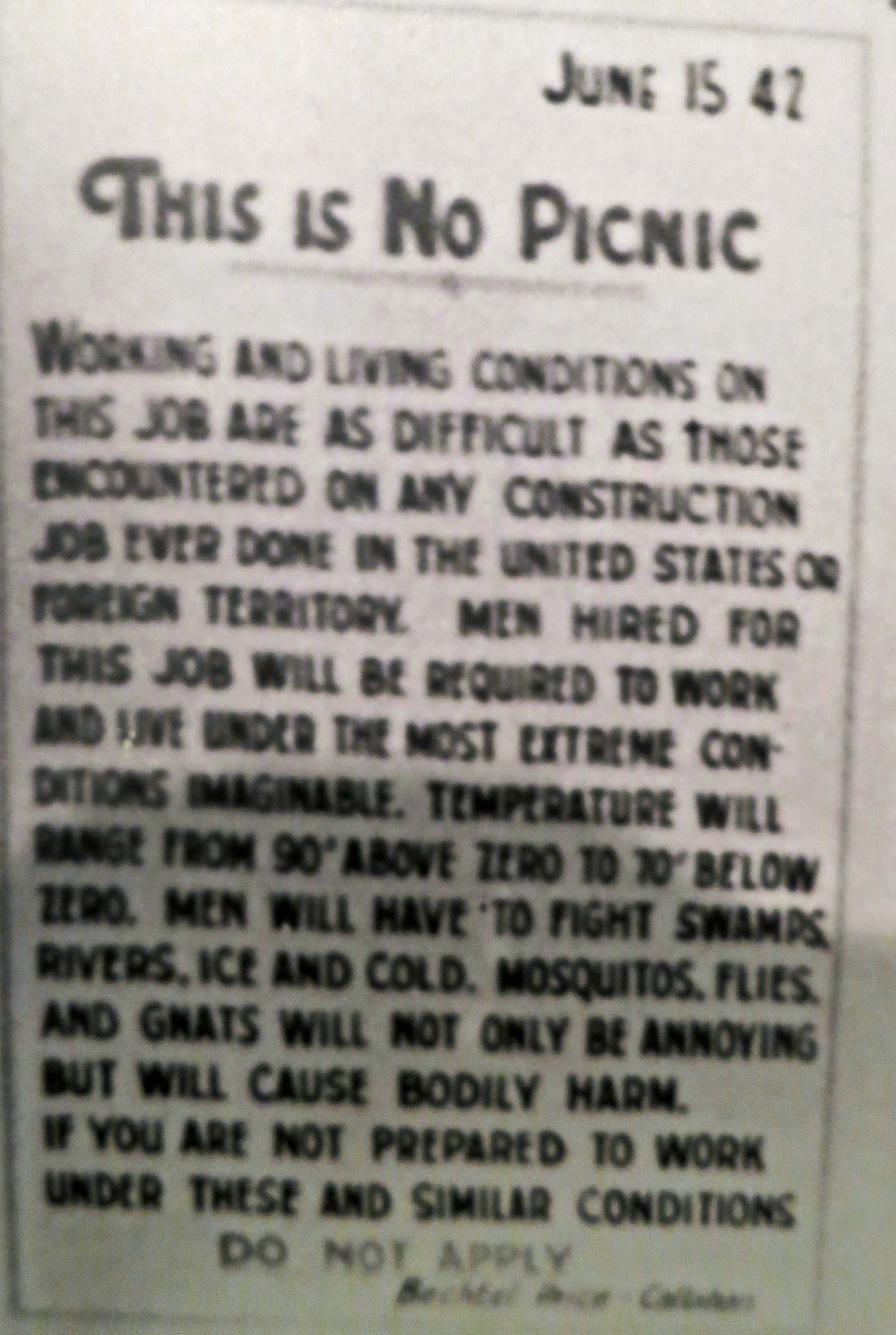 Recruitment notice for workers on building the Alaska Highway