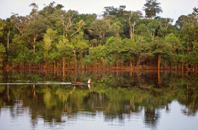 Small boat on Rio Negro River in Brazil