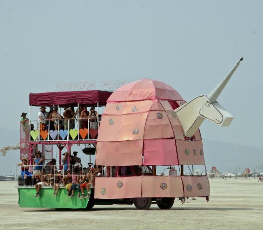 Large mutant vehicle unicorn at Burning Man.