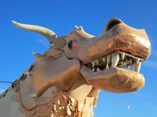 Golden dragon mutant vehicle at Burning Man.