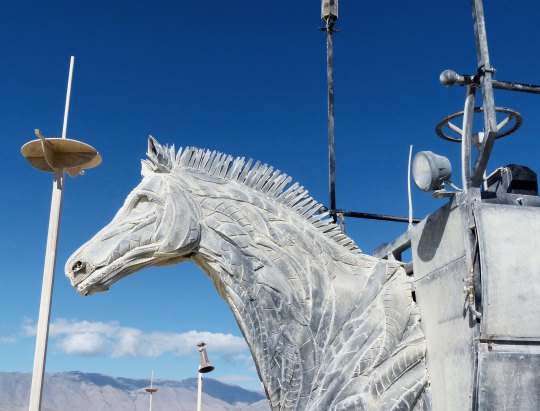 Close up of mutant vehicle horsecart at Burning Man.