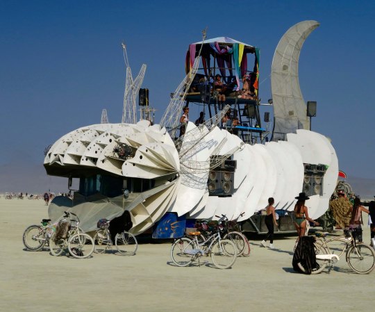 Large white cat mutant vehicle at Burning Man.