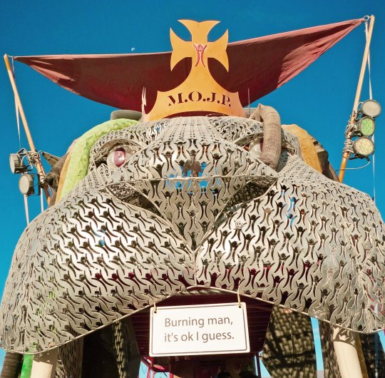 Head of large mutant lion at Burning Man.