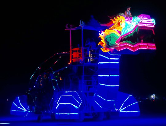 Mega dragon mutant vehicle on the Playa at Burning Man.