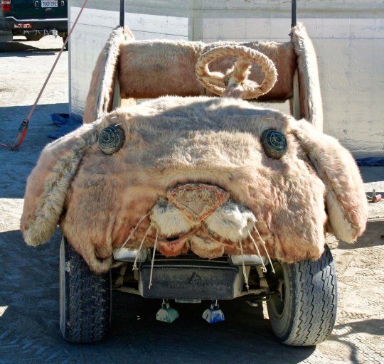Furry rabbit mutant vehicle at Burning Man.
