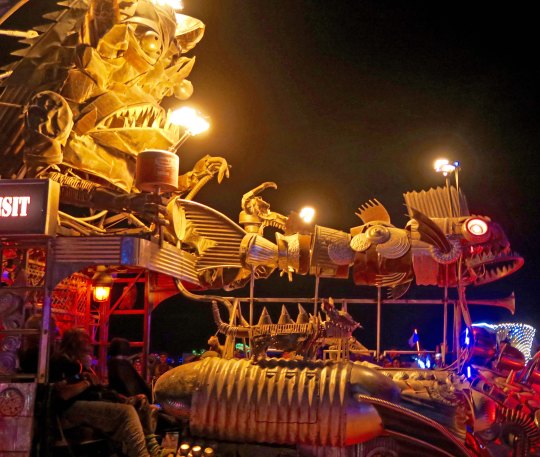 A side view of the Rabid Transit mutant vehicle at Burning Man.