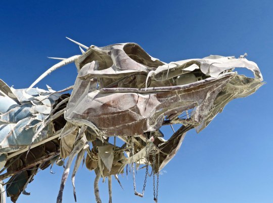 Head shot of scary mutant vehicle dragon at Burning Man.