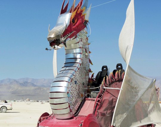 Head of silver and red dragon at Burning Man.