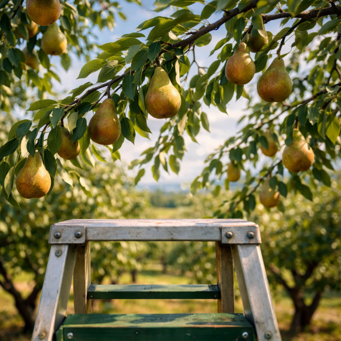 Ladder beneath ripe pears hanging from branches in a pear orchard