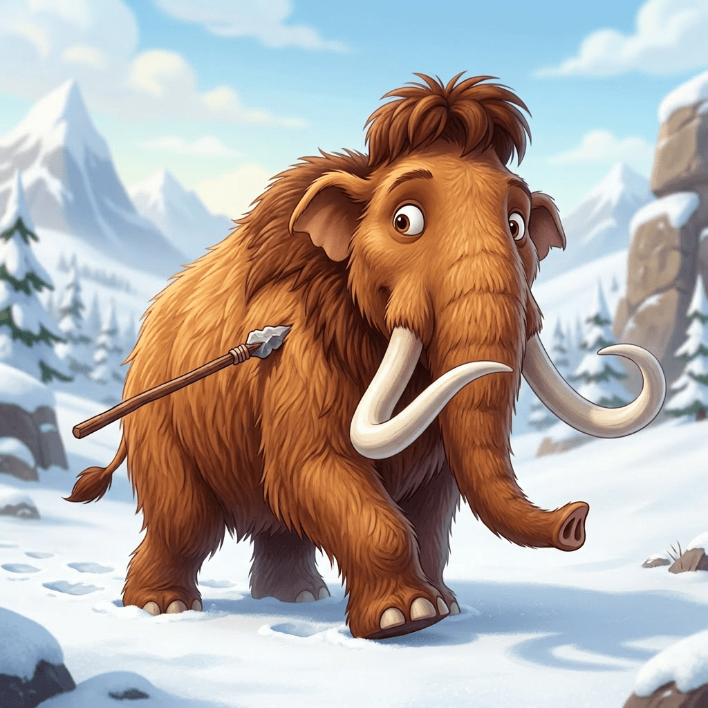 Woolly mammoth in snow with spear in side and cavemen running behind